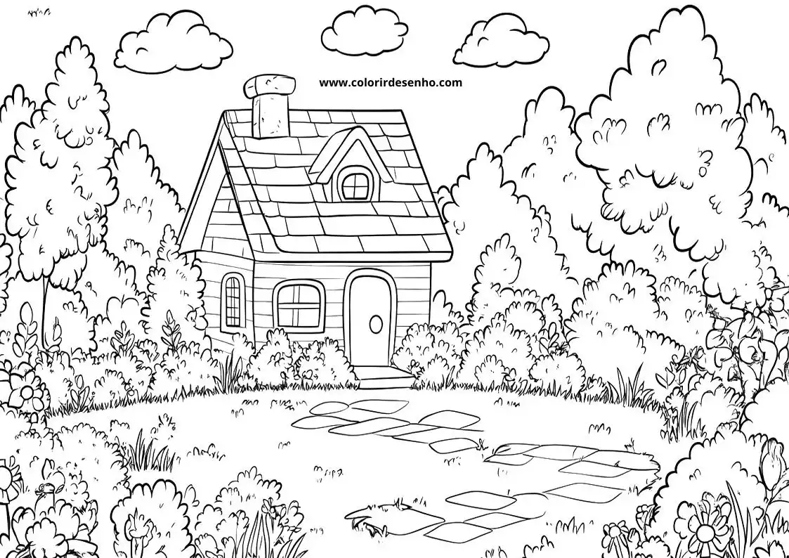 garden house with heart shapes on leaves fence pond grass bushes tree with heart