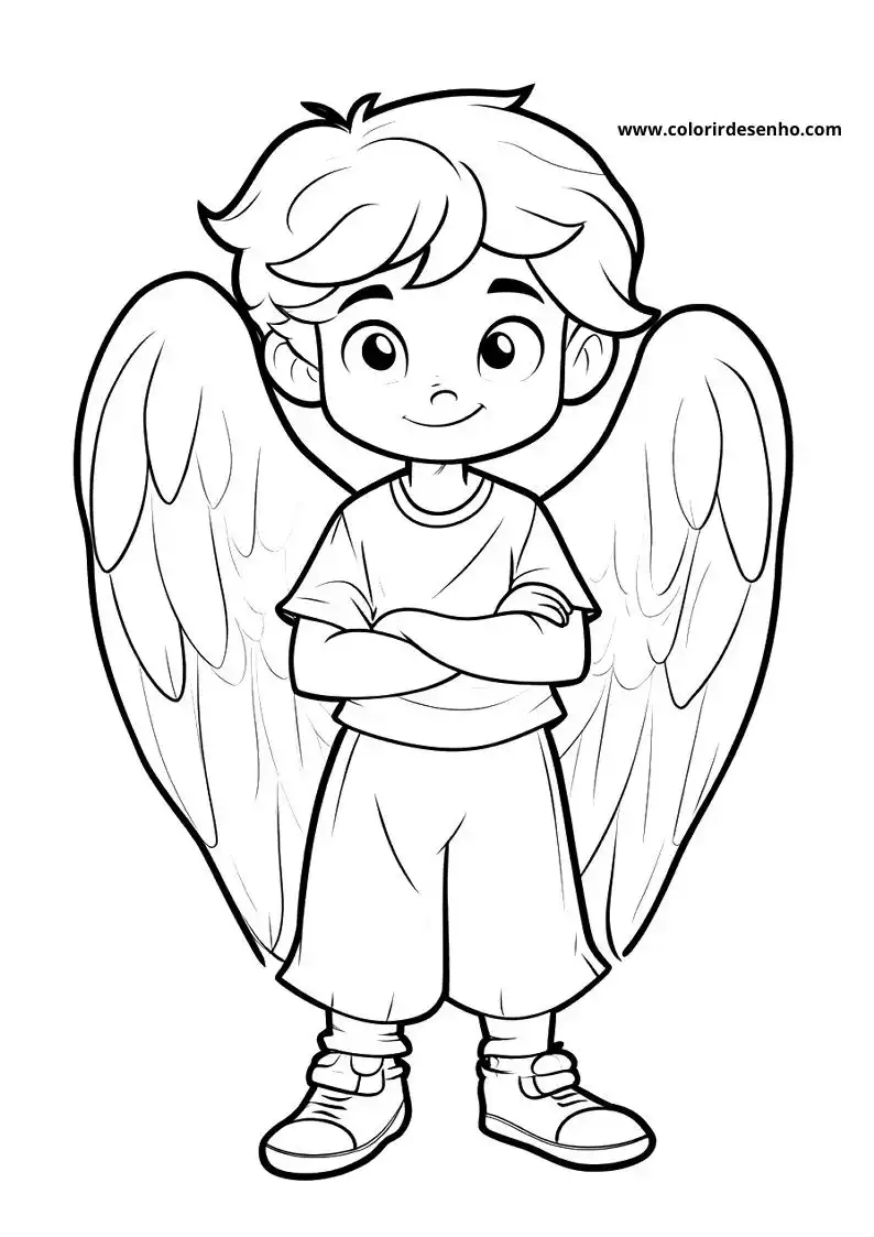 angel boy standing with arms crossed and large wings