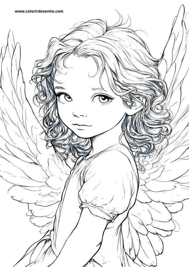 angel has curly hair and large wings angel wears a dress