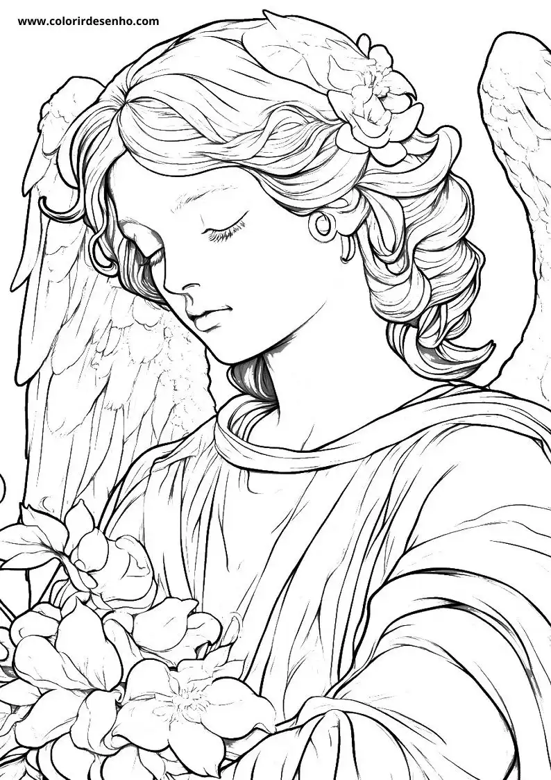 angel holding flowers wearing a robe wings visible