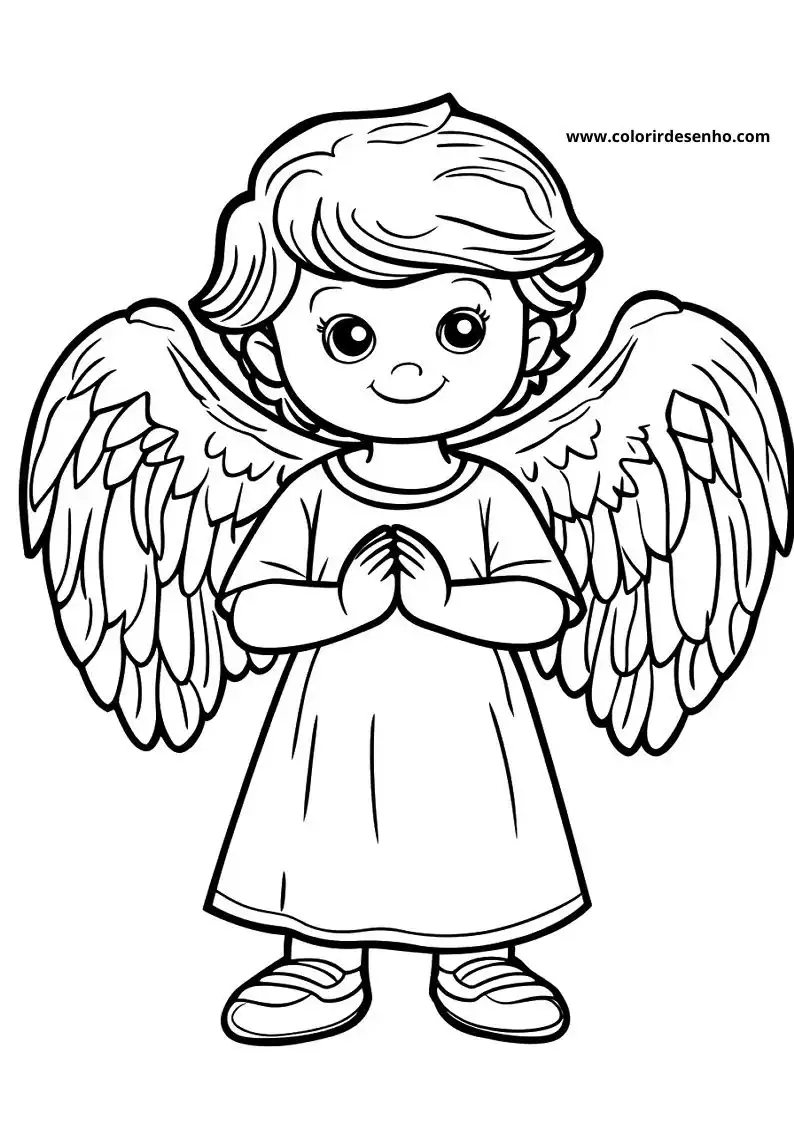 angel holding hands in front of chest wearing dress and shoes standing on plain