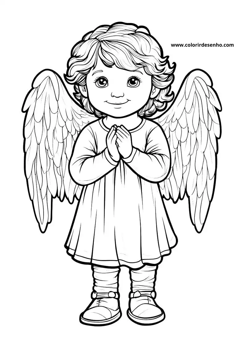 angel holding hands in prayer pose wearing wings and dress standing on plain background
