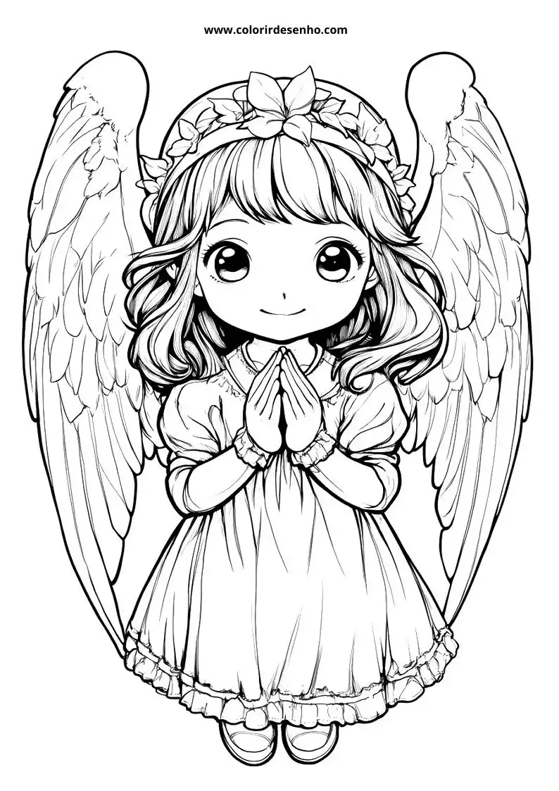 angel holding hands in prayer with wings spread wide wearing white dress and floral