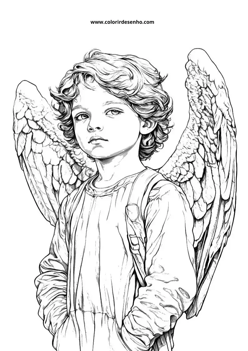 angel holding staff wearing robe standing against plain background