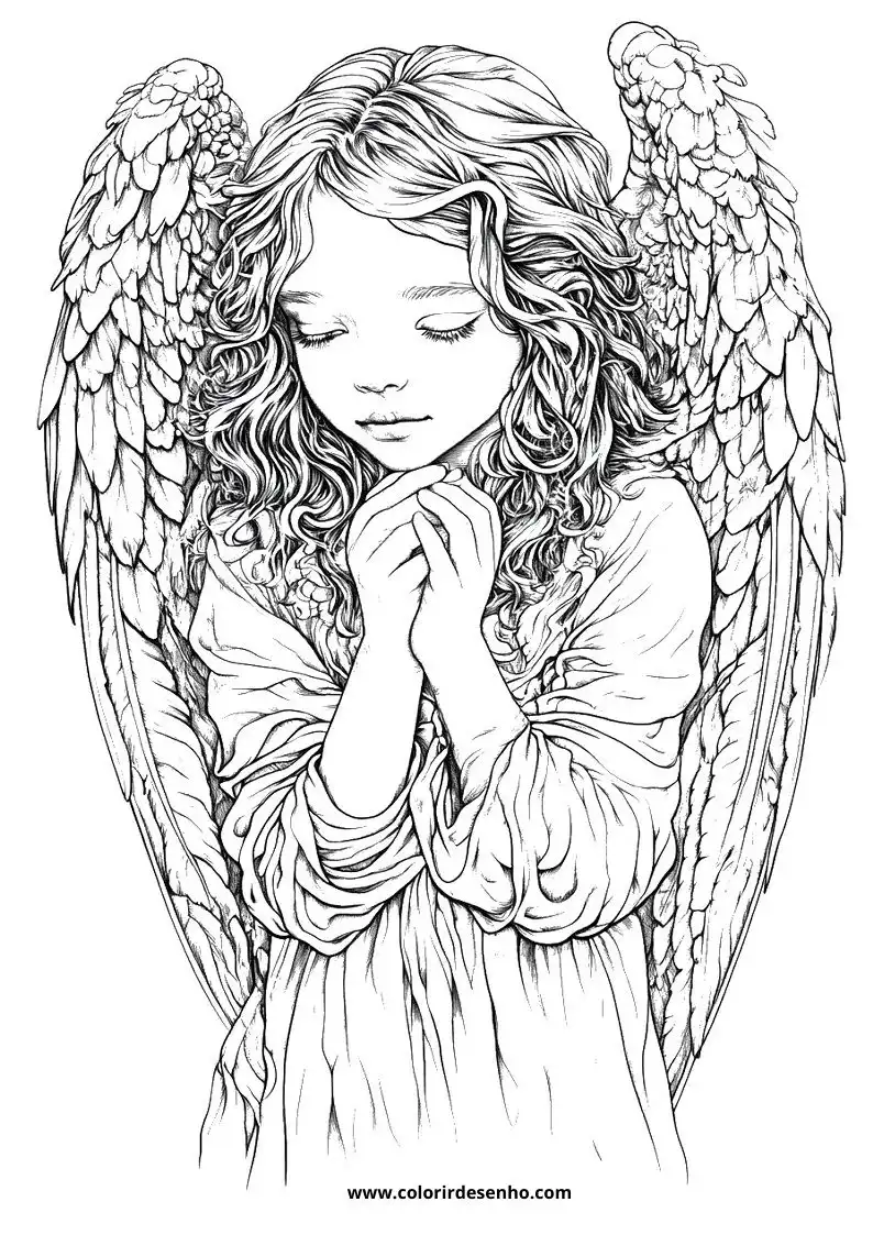 angel holding wings close to her face in a serene pose