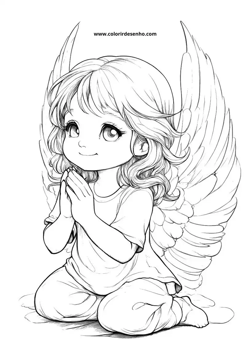 angel kneeling in prayer wings spread wide hands clasped together wearing simple clothes