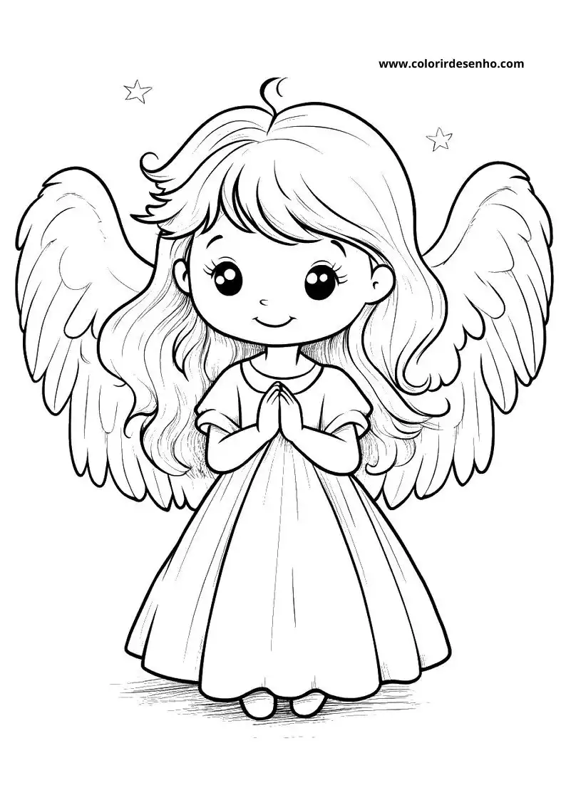 angel praying in a dress with wings and stars around her