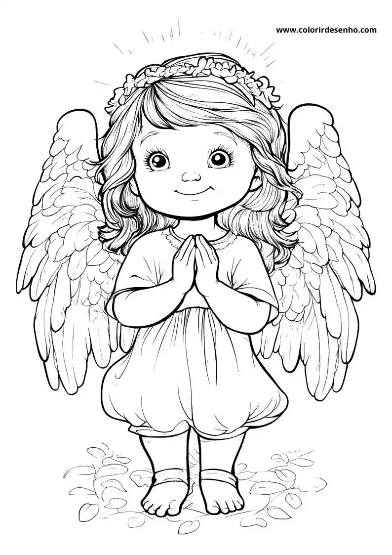 angel praying in a flower crown and dress with wings standing on leaves