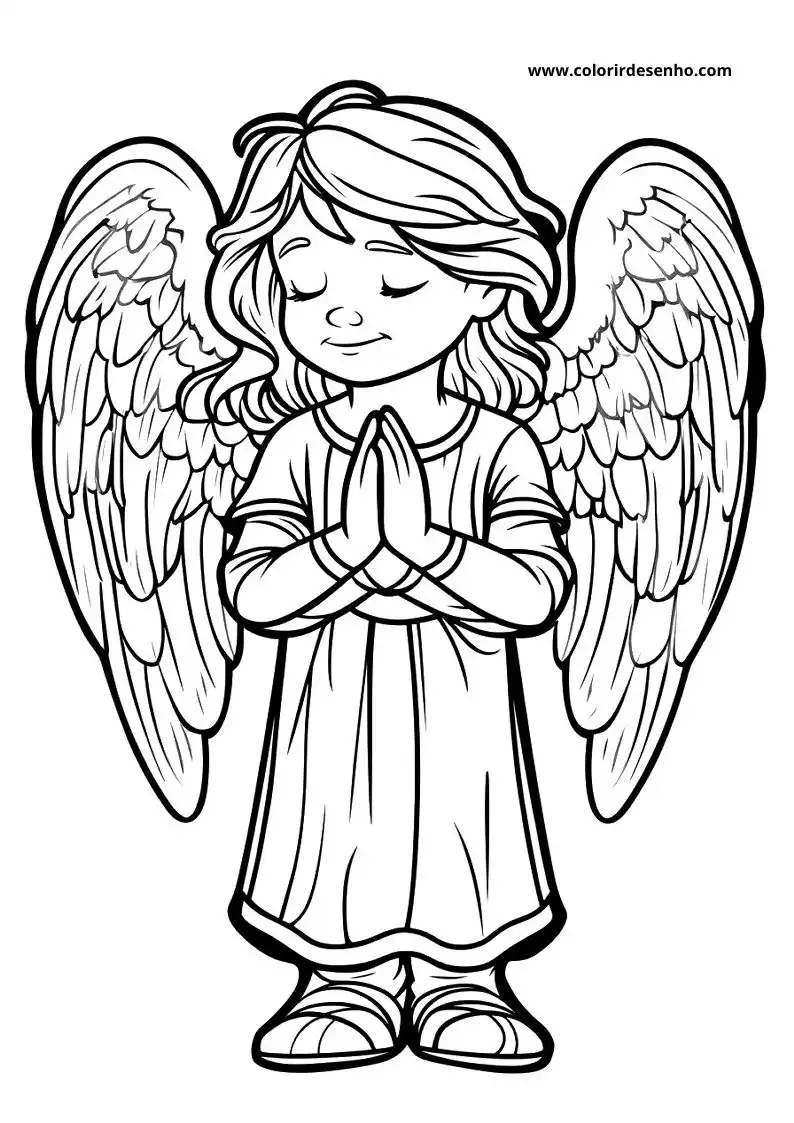 angel praying in a simple dress and sandals with large wings behind her