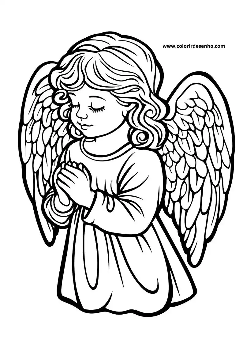 angel praying with closed eyes and spread wings wearing a simple dress