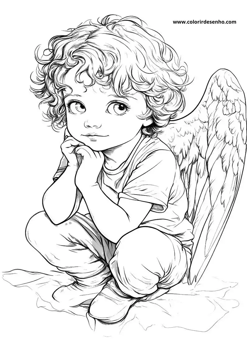angel sits on a pillow wearing a t shirt and pants with large wings