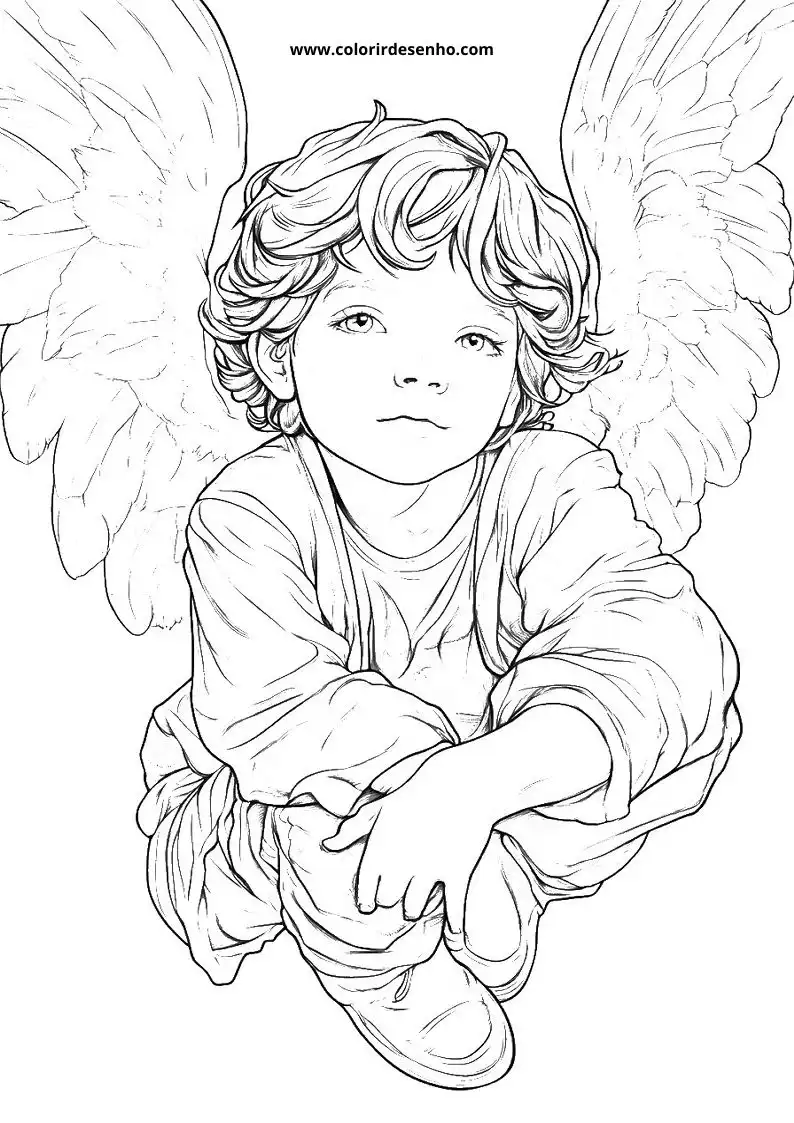 angel sitting on ground with large wings and wearing old fashioned clothing