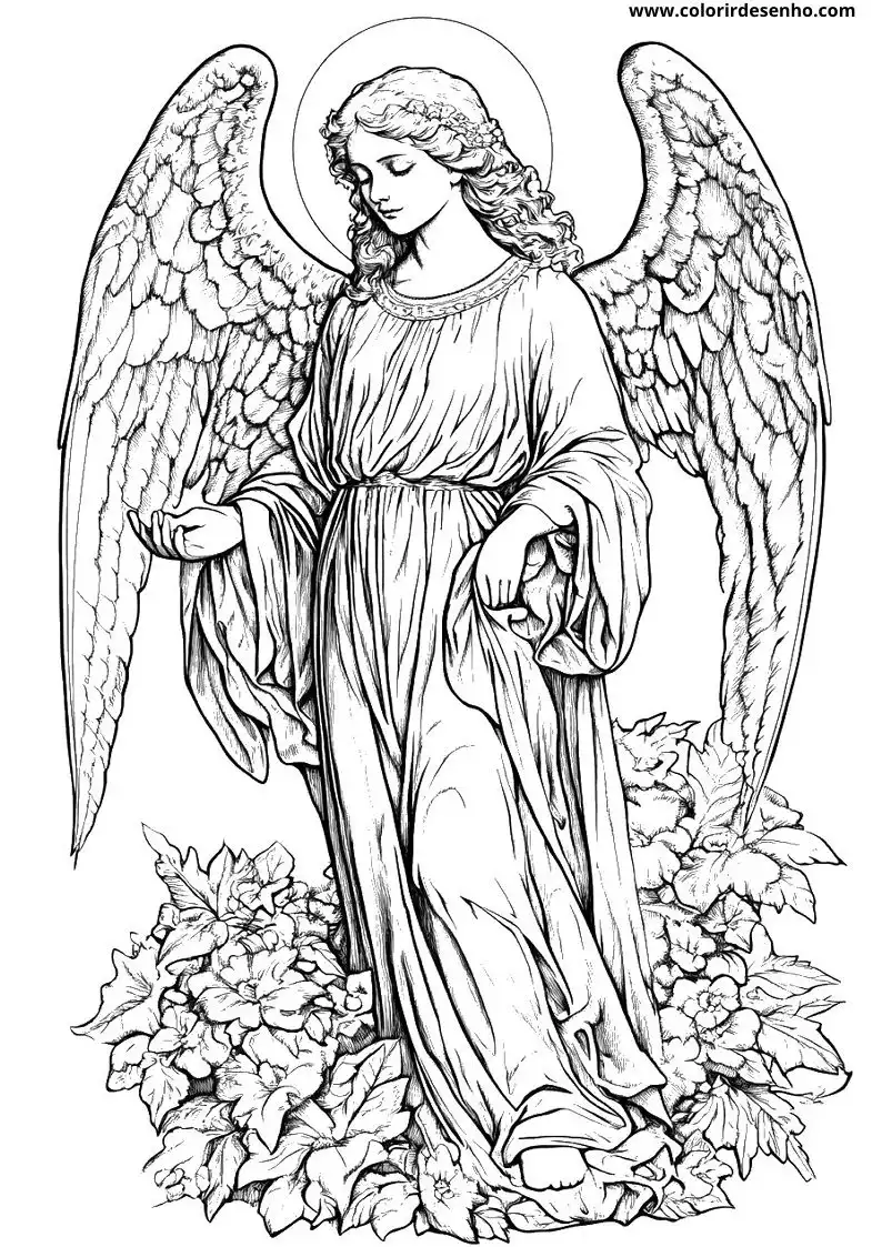 angel standing on leaves wearing long robe and holding wings open
