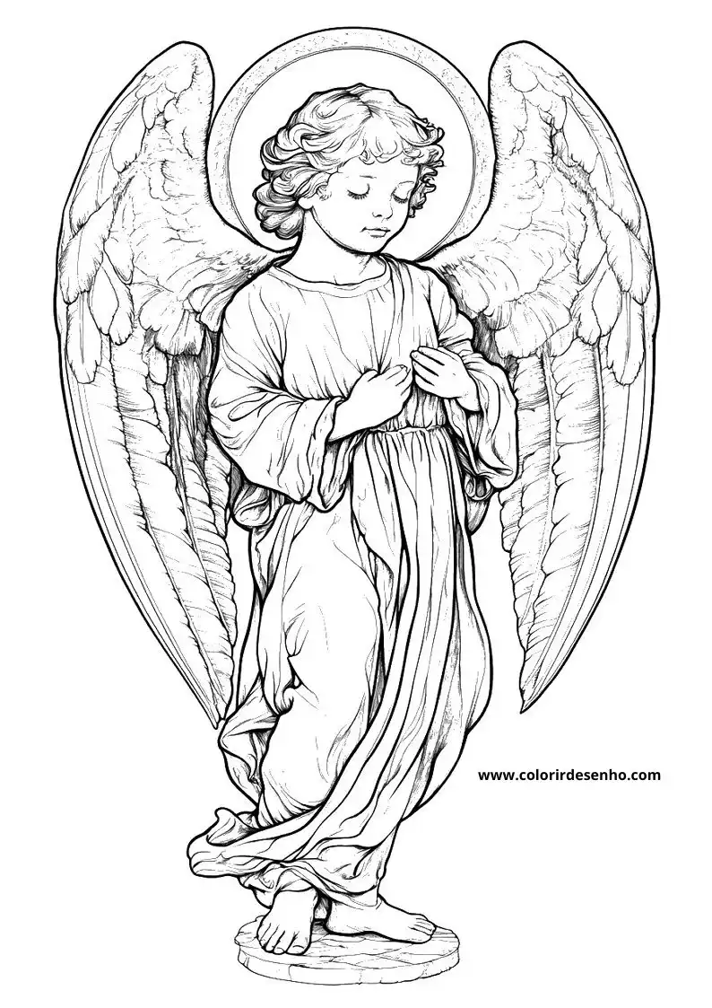angel standing on pedestal holding wings close to chest wearing flowing robe and sandals