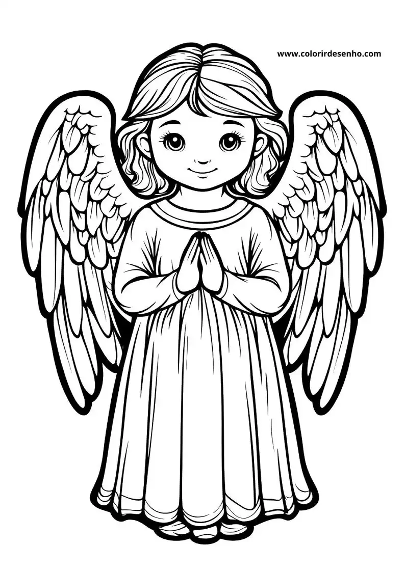 angel standing with hands clasped in front of her chest wearing long flowing dress