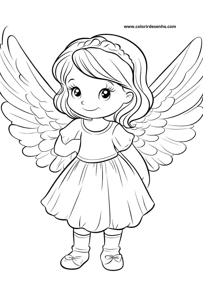 angel wearing a dress and bow shoes standing with wings outstretched
