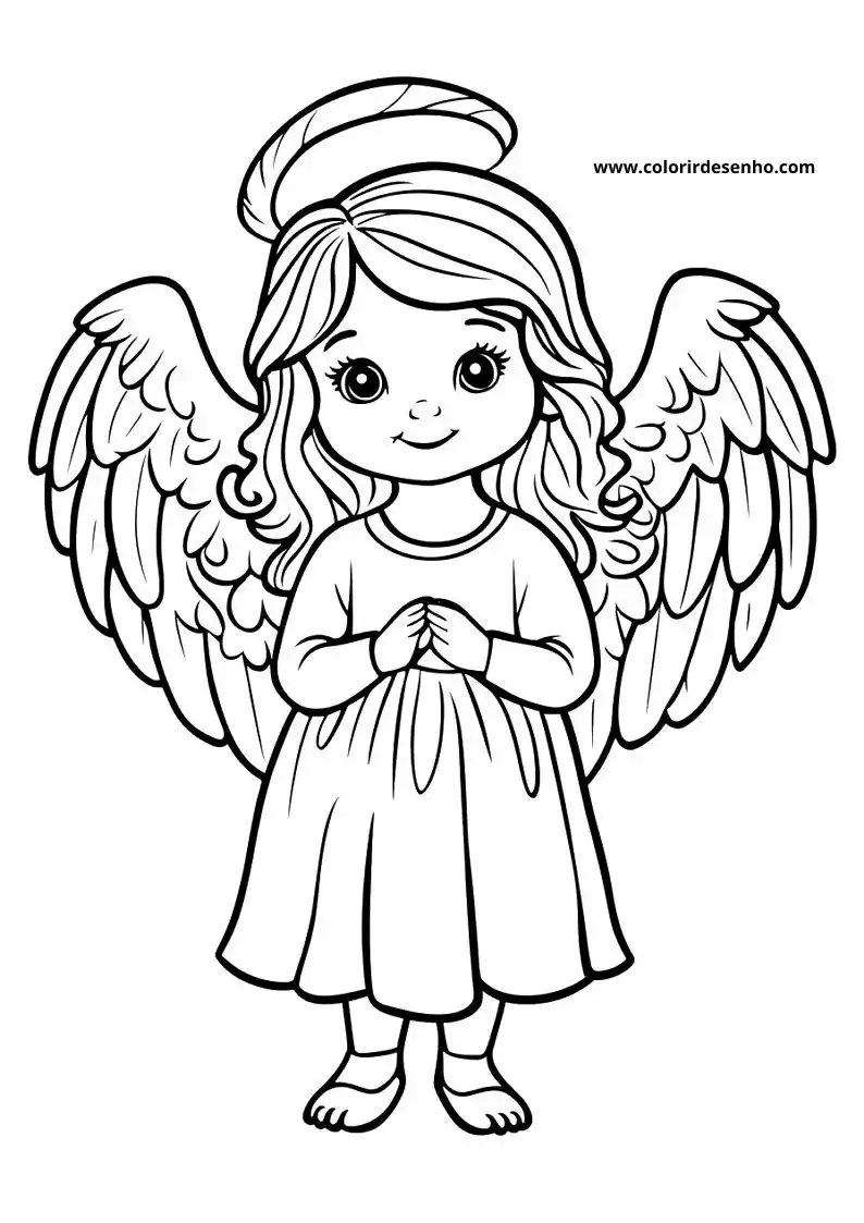 angel with halo and wings standing in a simple dress hands clasped together