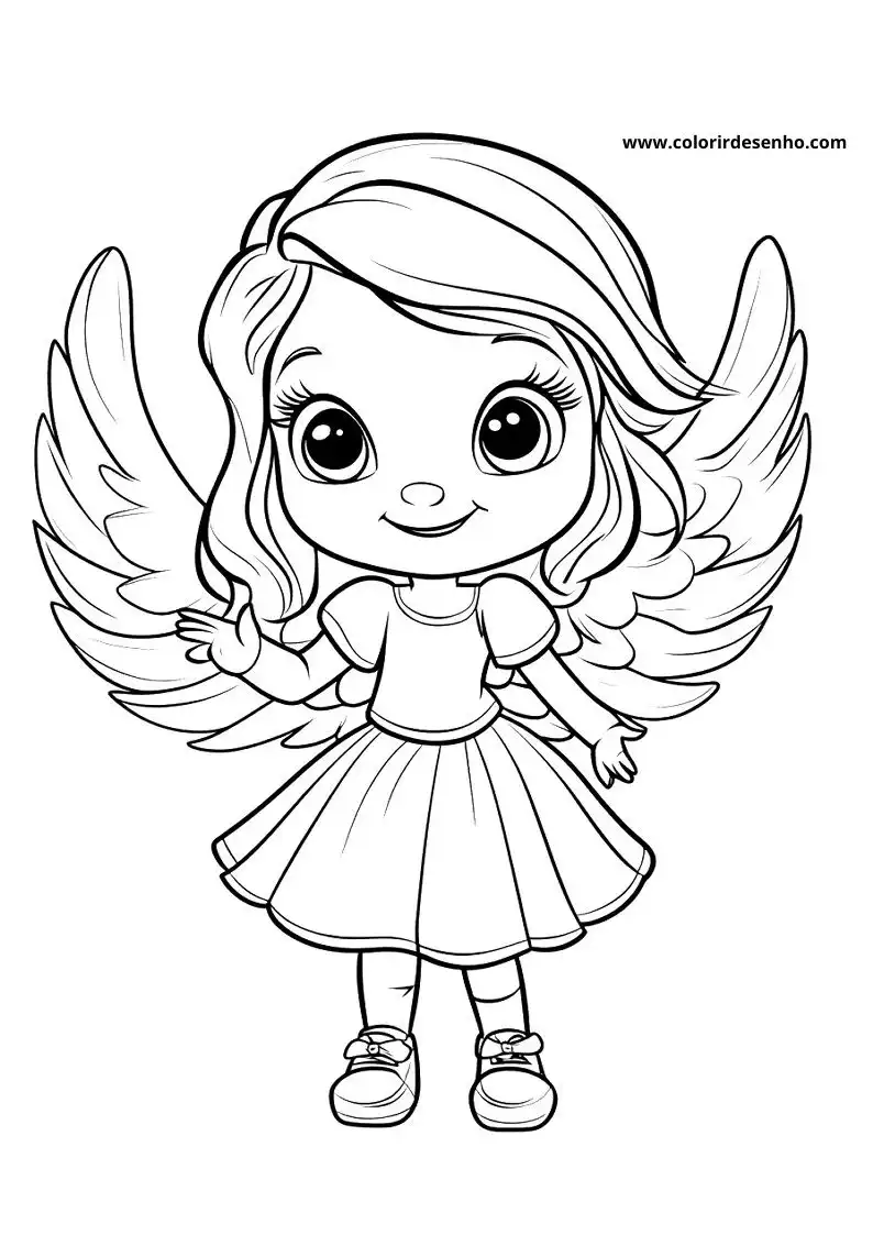 angel with long blonde hair wearing a white dress and bow shoes standing