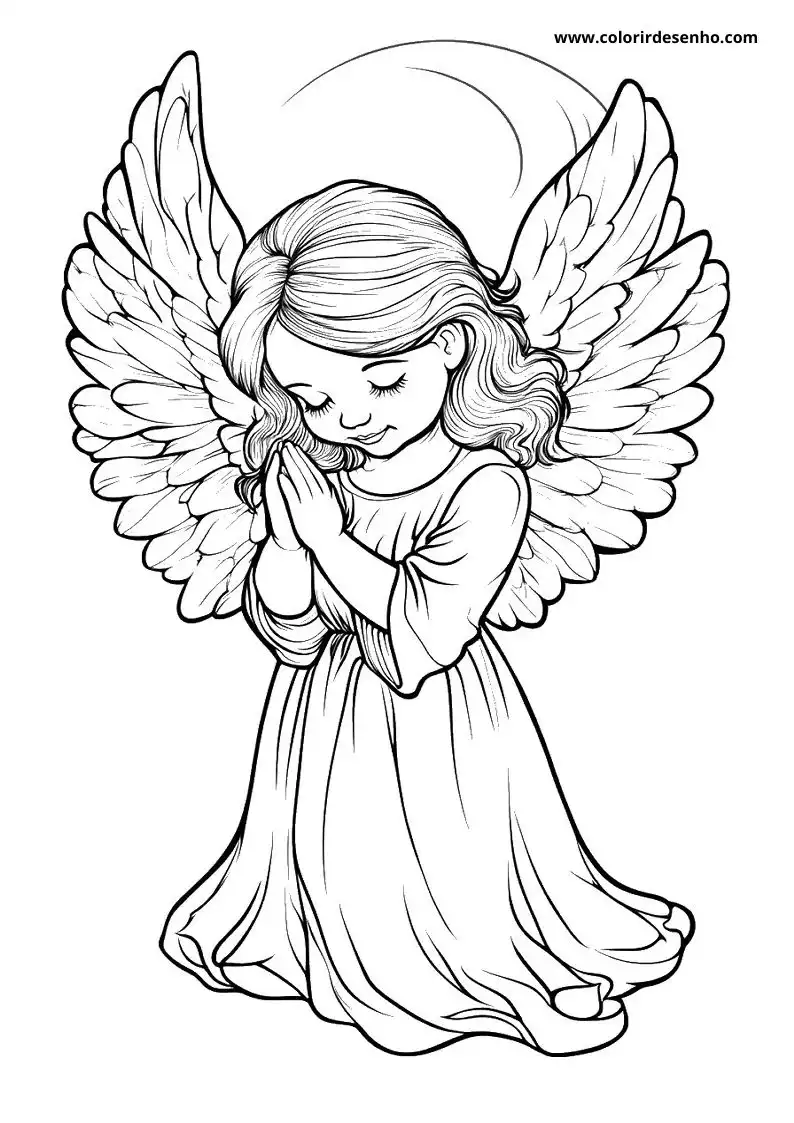 angel with wings closed wearing long dress kneeling in prayer