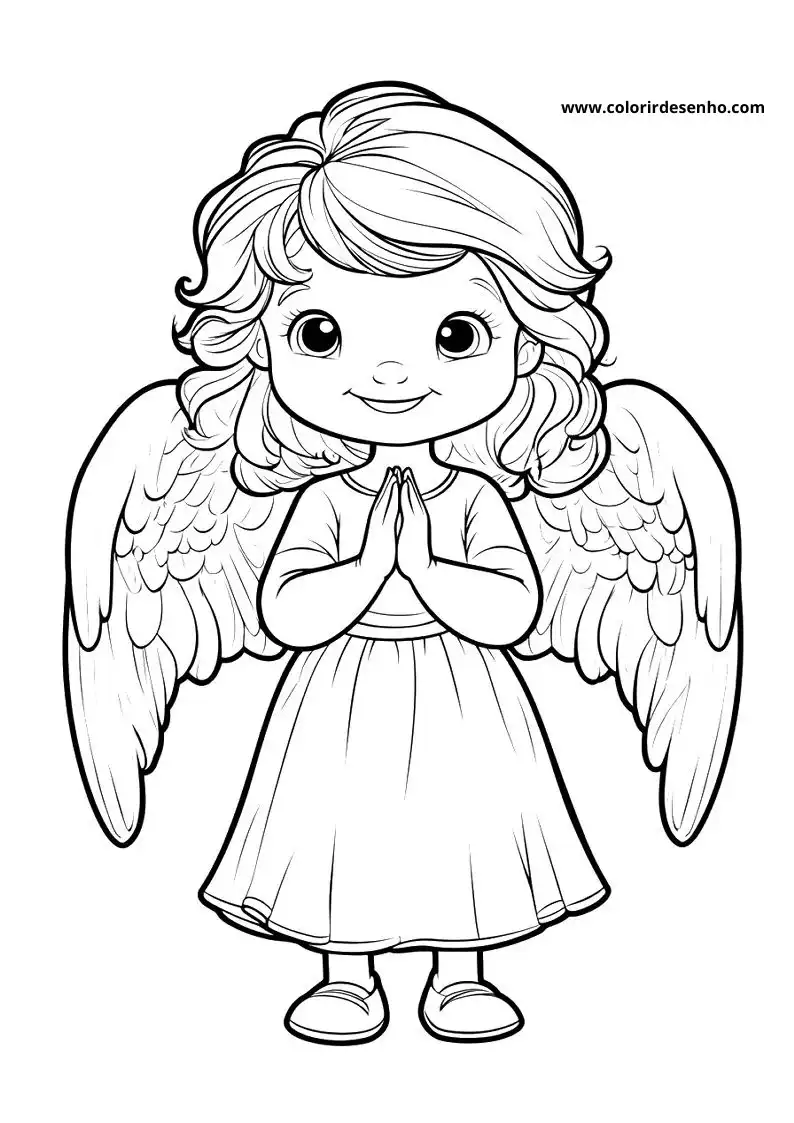 angel with wings folded in front of chest holding hands together wearing dress