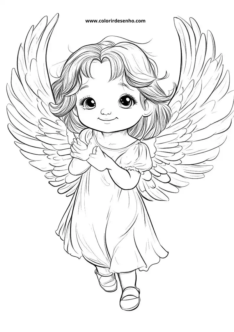 angel with wings outstretched wearing a flowing dress and sandals smiling gently