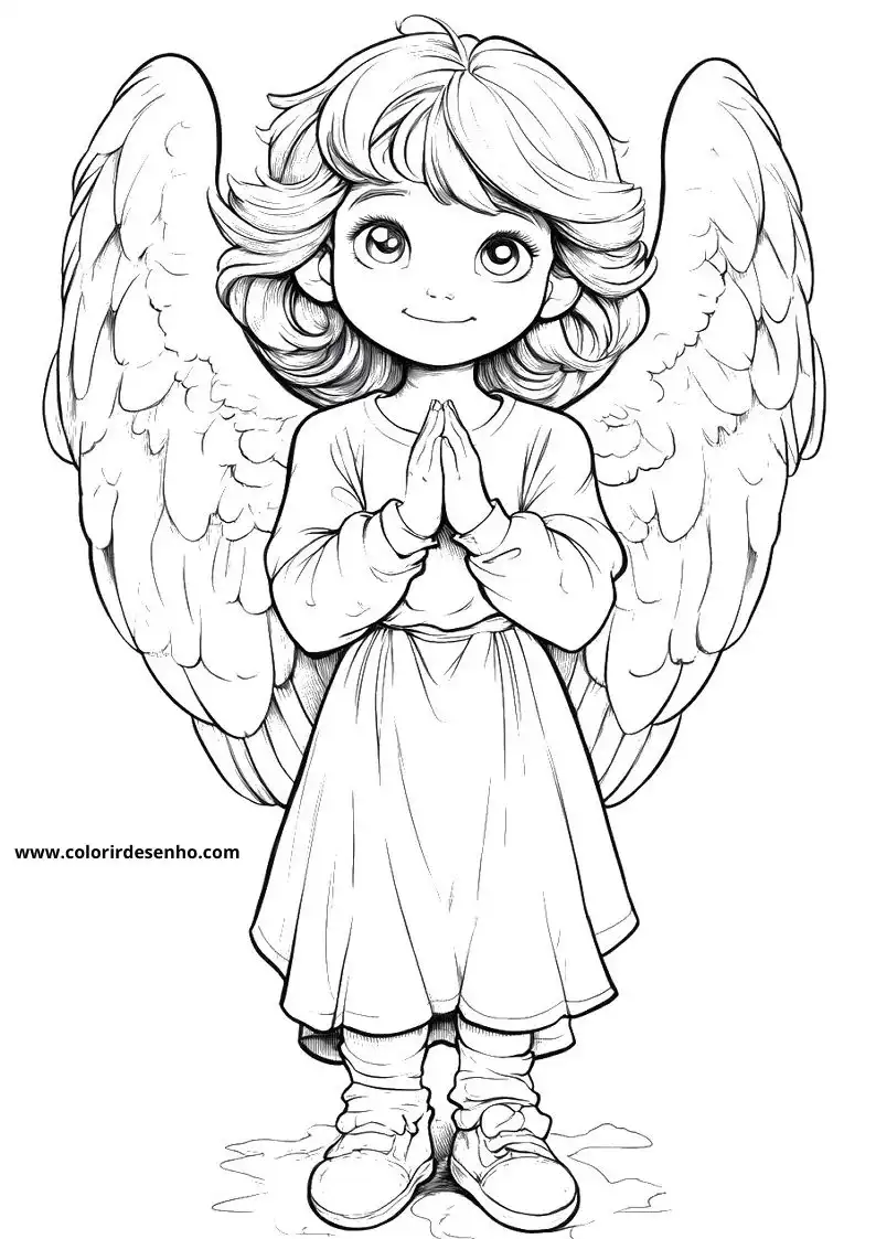 angels with large white wings kneeling on ground wearing long dress and white shoes