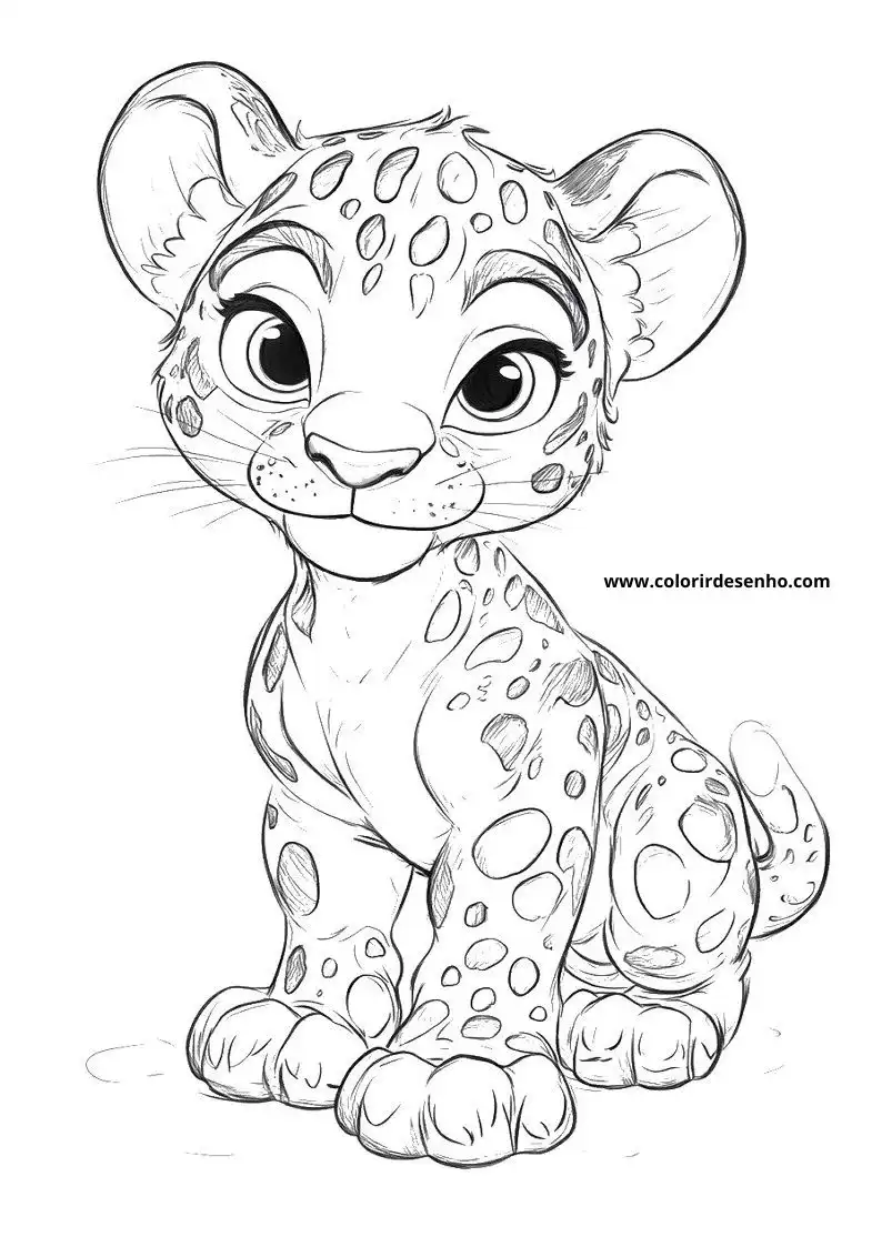 baby jaguar sitting upright with big eyes and spots on body tail curled up