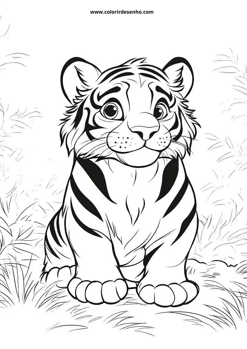 baby tiger sitting upright looking alert stripes visible paws curled around body