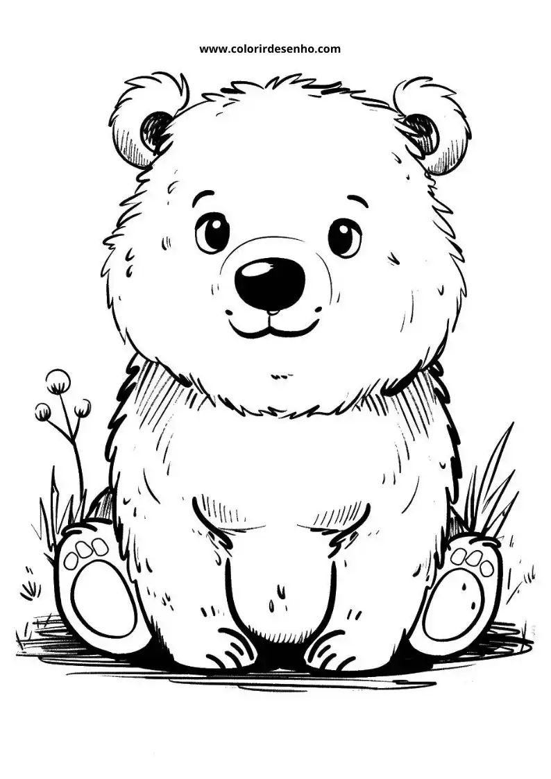 bear sitting in grass smiling small flowers nearby