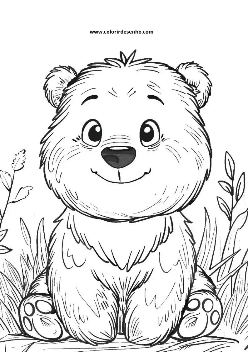 bear sitting on grass smiling surrounded by leaves and flowers