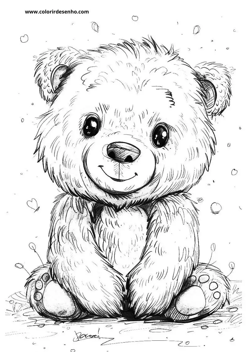 bear sitting on ground smiling surrounded by small hearts and snowflakes