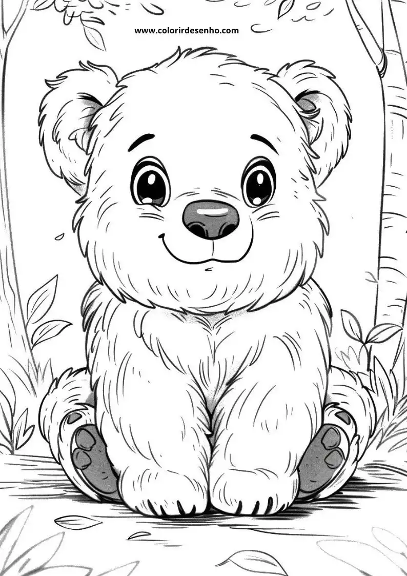 bear sitting upright in a forest setting with leaves around it