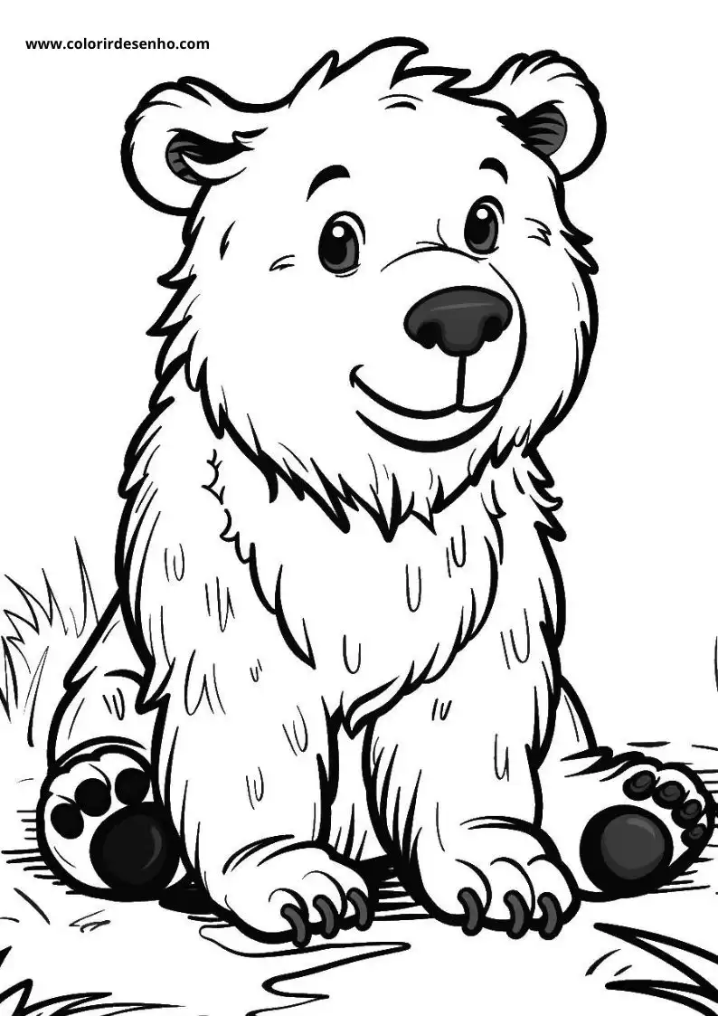 bear sitting upright in grassland with wide eyes and smiling mouth