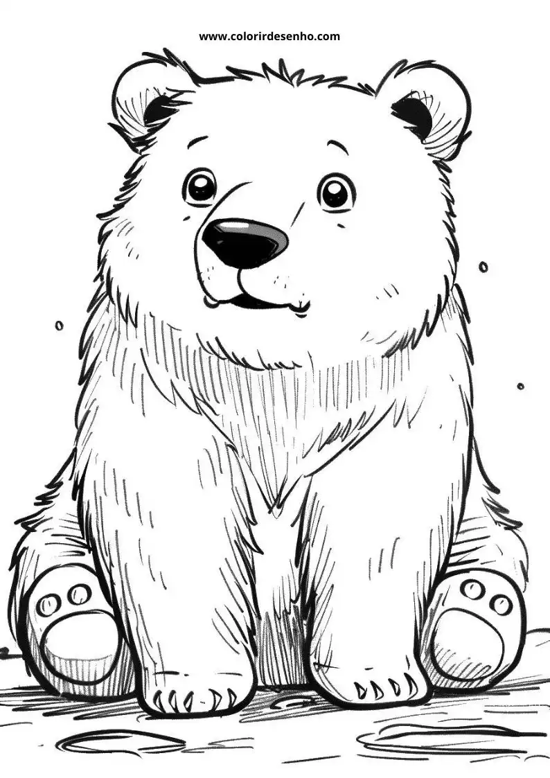 bear sitting upright large eyes black nose thick fur paw pads visible
