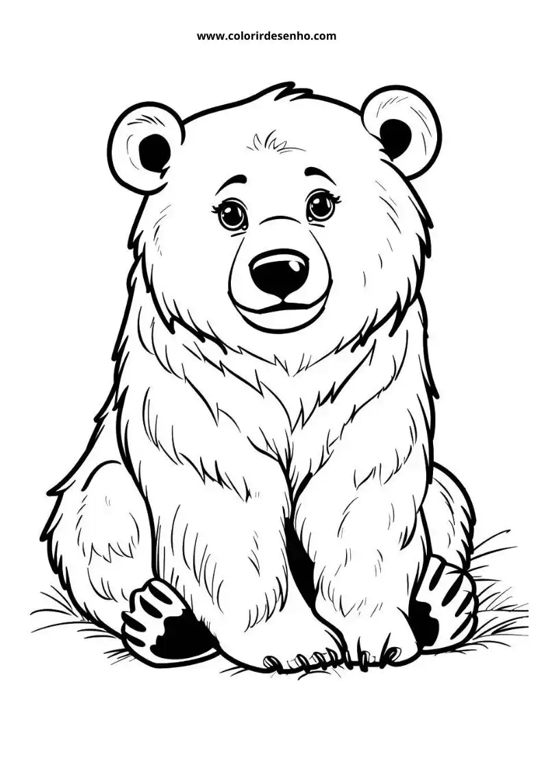 bear sitting upright on grass with a neutral expression