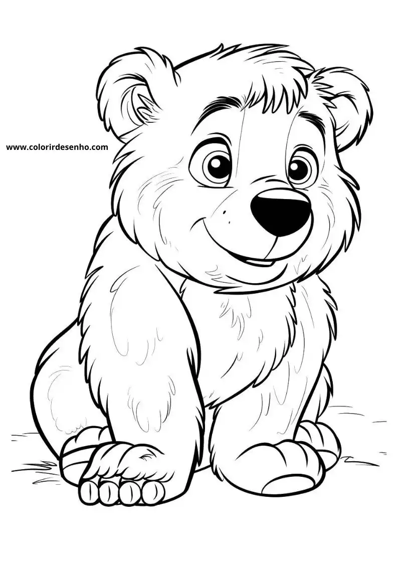 bear sitting upright smiling looking forward wearing no clothes on a grassy ground