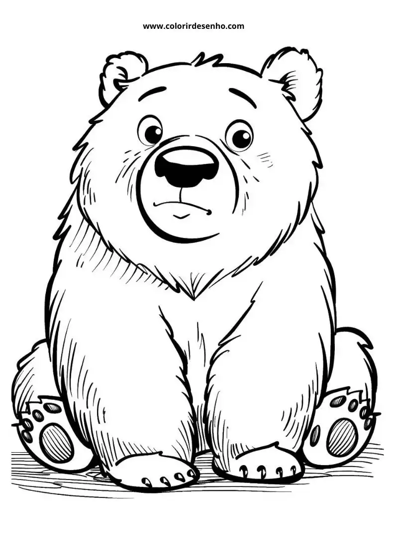 bear sitting upright wide eyed and curious paws on ground simple background