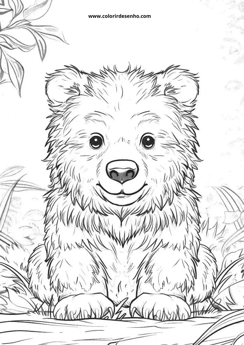 bear sitting upright with a happy expression in a forest setting