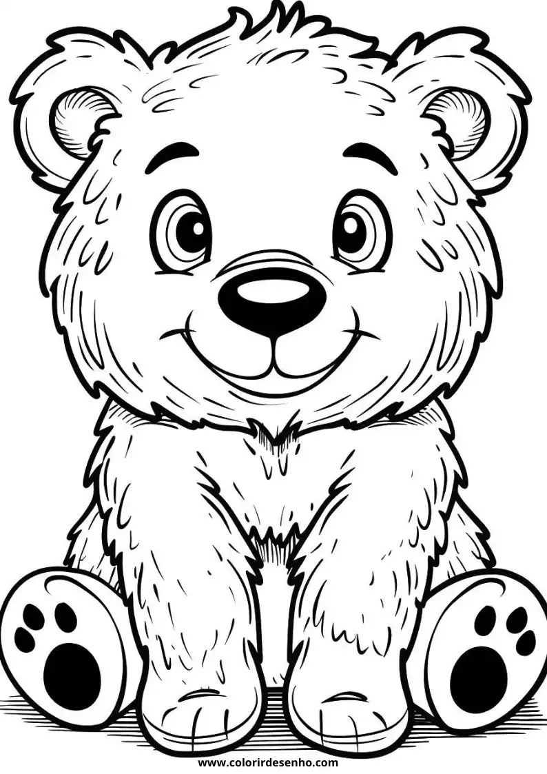 bear sitting upright with big eyes and paw prints on its feet