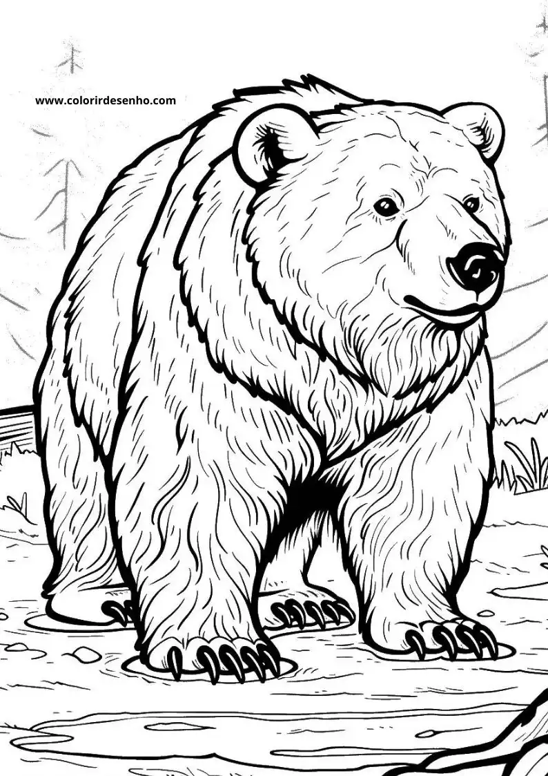 bear standing in water fur textured mouth open forest background visible