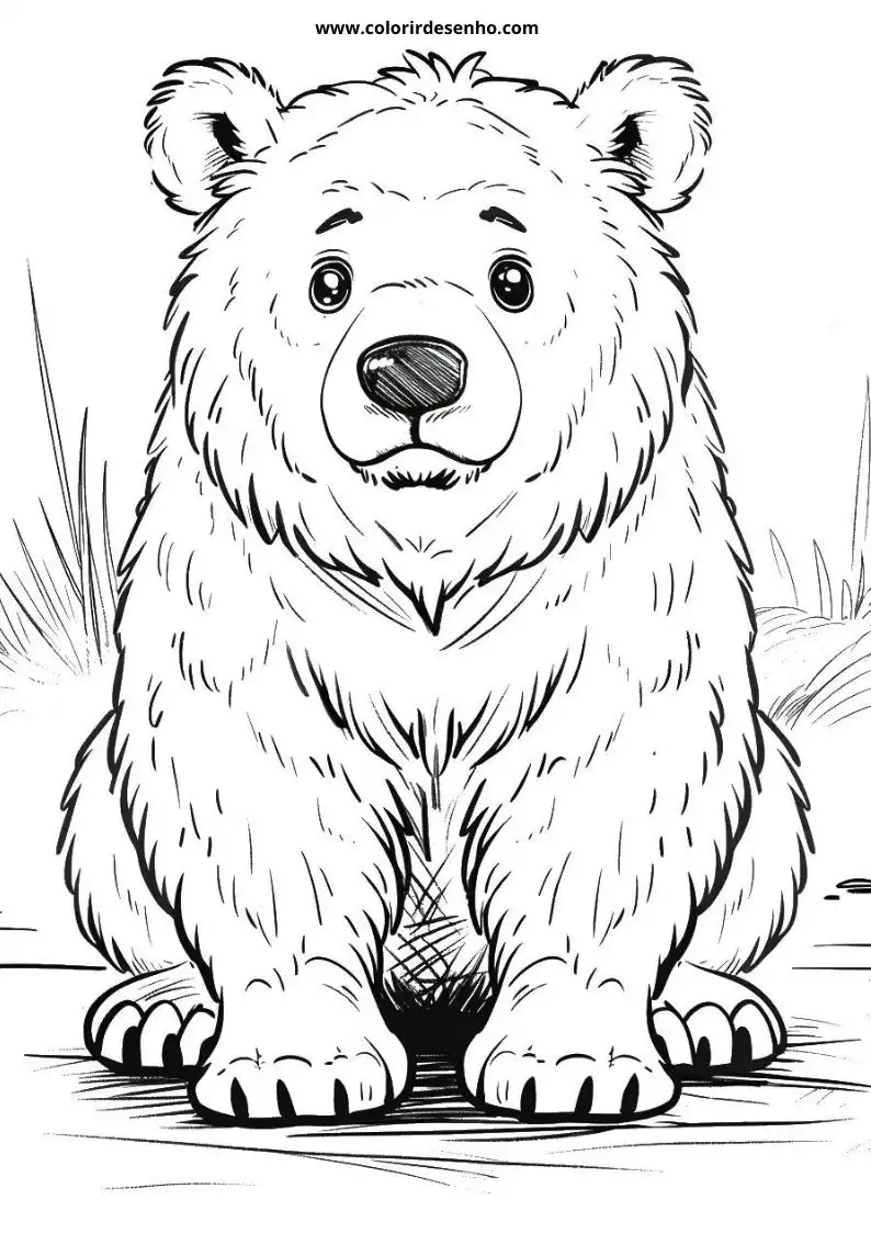 bear standing tall with large ears and expressive eyes looking directly ahead grassy background