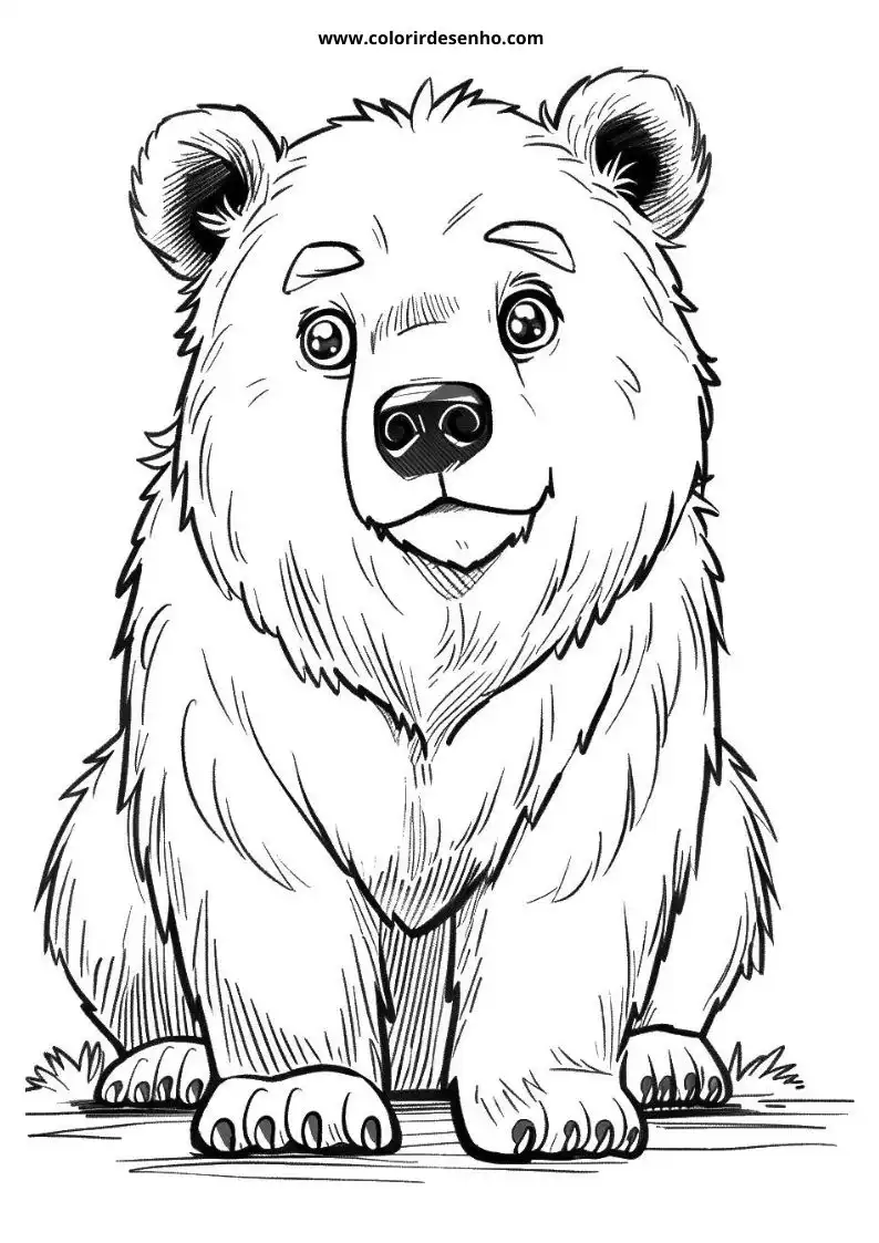 bear standing upright with wide eyes and small mouth set against grassy ground