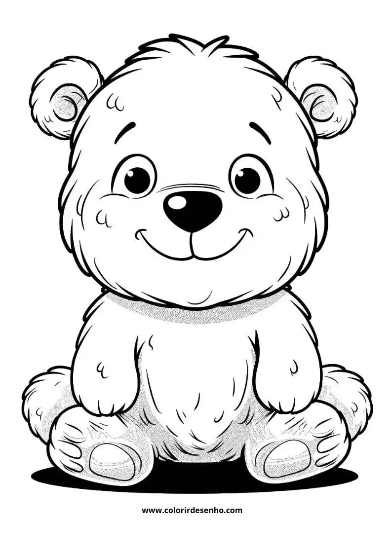 bear with big round ears and black nose sitting upright smiling