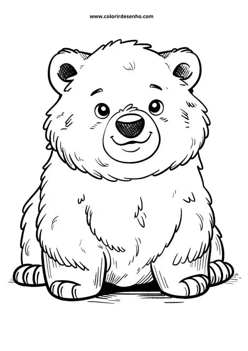 bear with fluffy fur wide eyes small ears smiling mouth standing on all fours