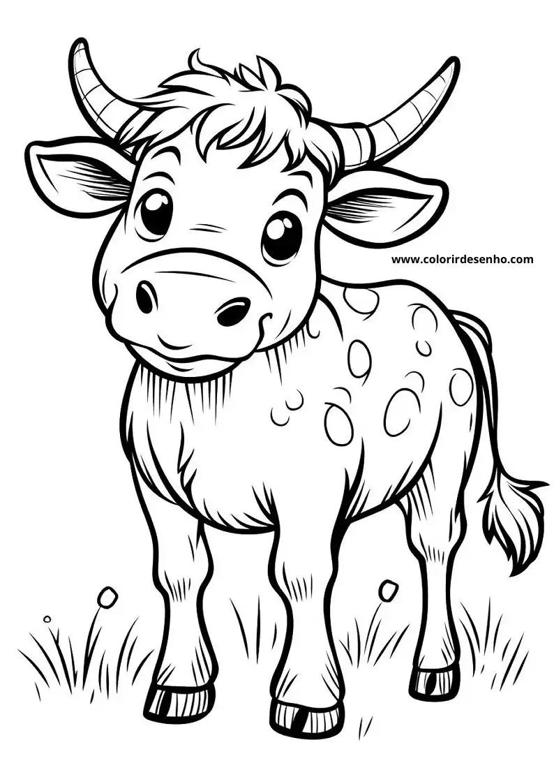 brown bull standing in grass wearing spots on body and smiling