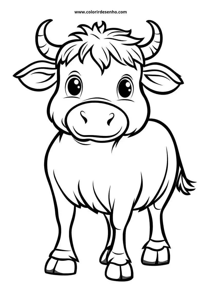 bull cute cartoon cow with large eyes curved horns and a fluffy coat standing