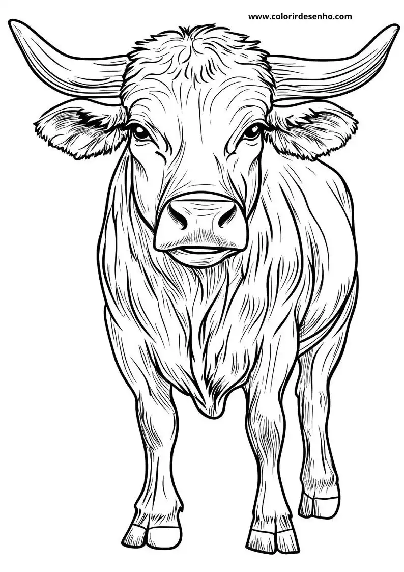 bull facing forward large horns long coat standing on grass
