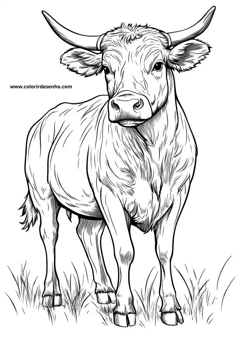 bull positioned in grass with long horns and thick coat