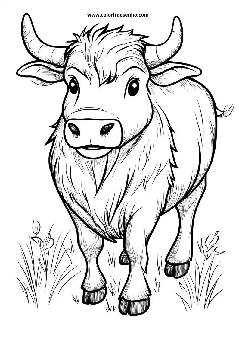 bull standing alertly in grass large horns and thick coat visible