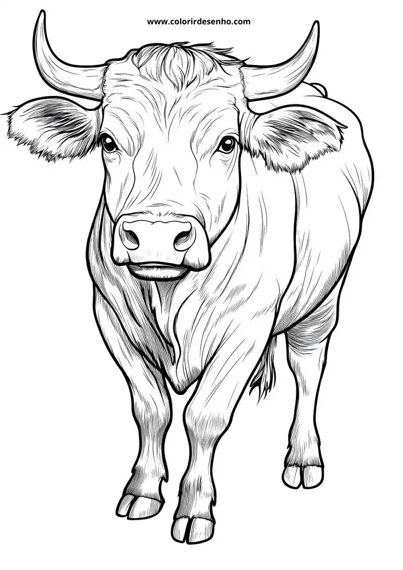 bull standing alertly long horns and thick coat no collar or accessories visible